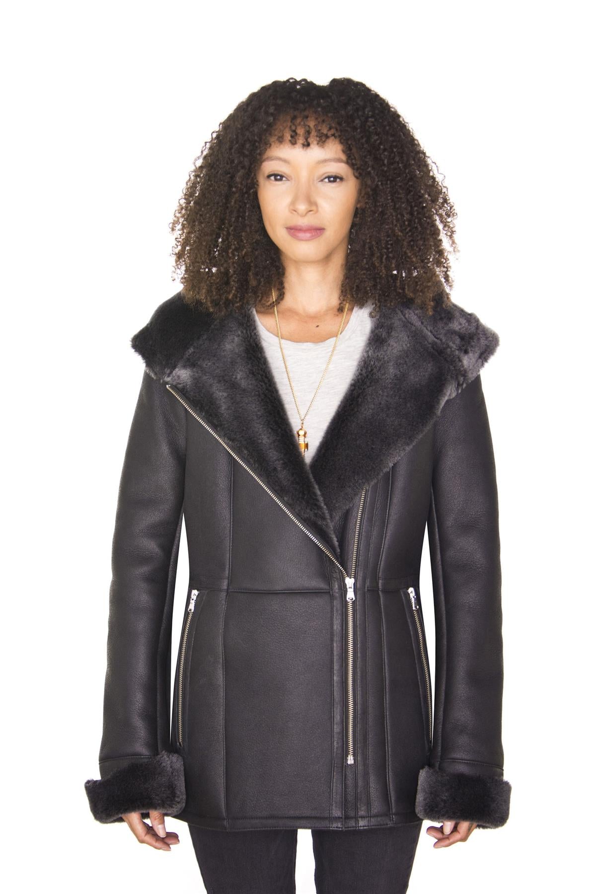 Womens Black Hooded Merino Sheepskin Jacket-Mandalay