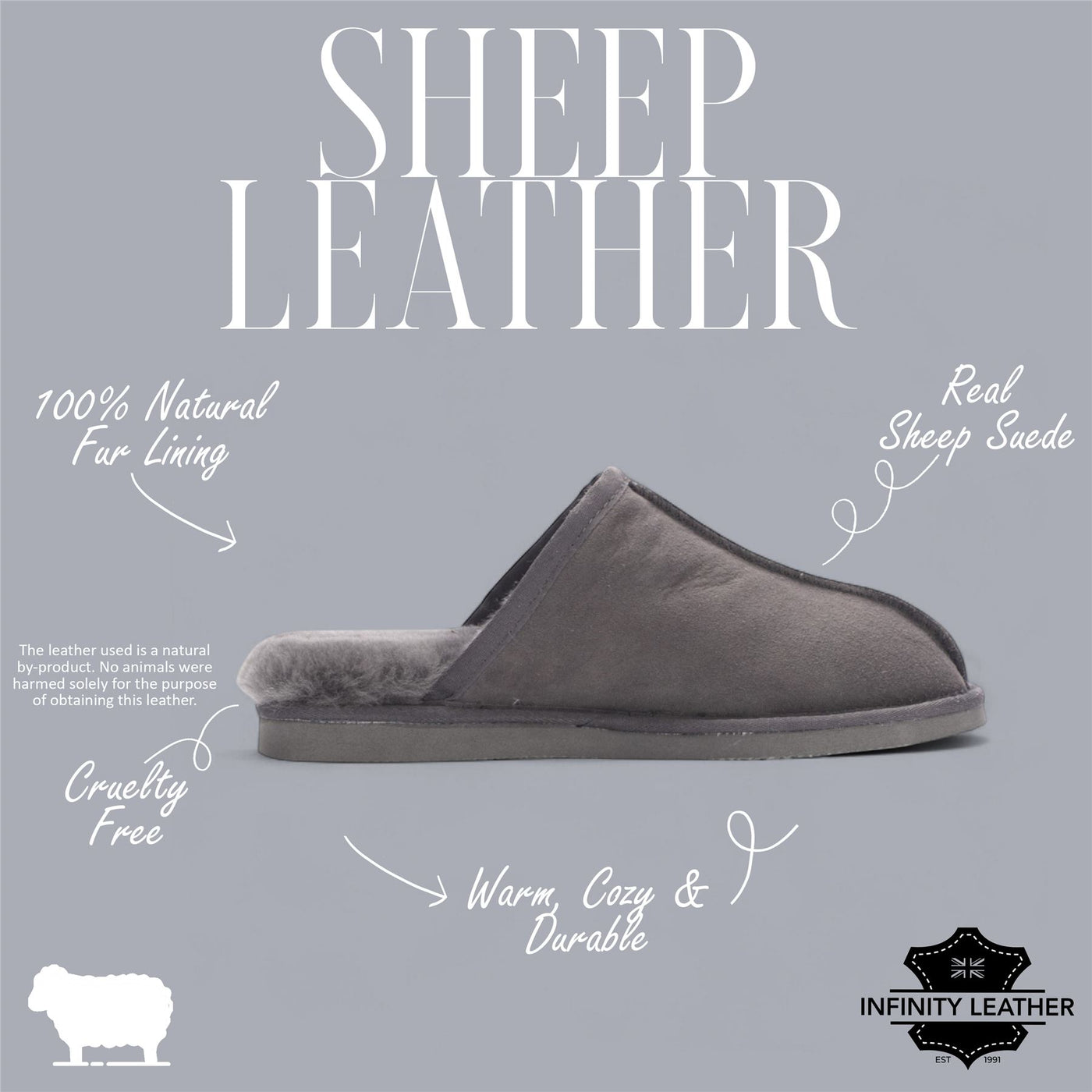 Men's Genuine Sheepskin Grey Suede Mule Winter Warm Non-Slip - Highland