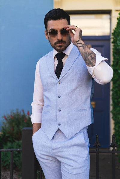 Men's Summer 2 Piece Suit Linen Formal Light Blue Waistcoat Trousers