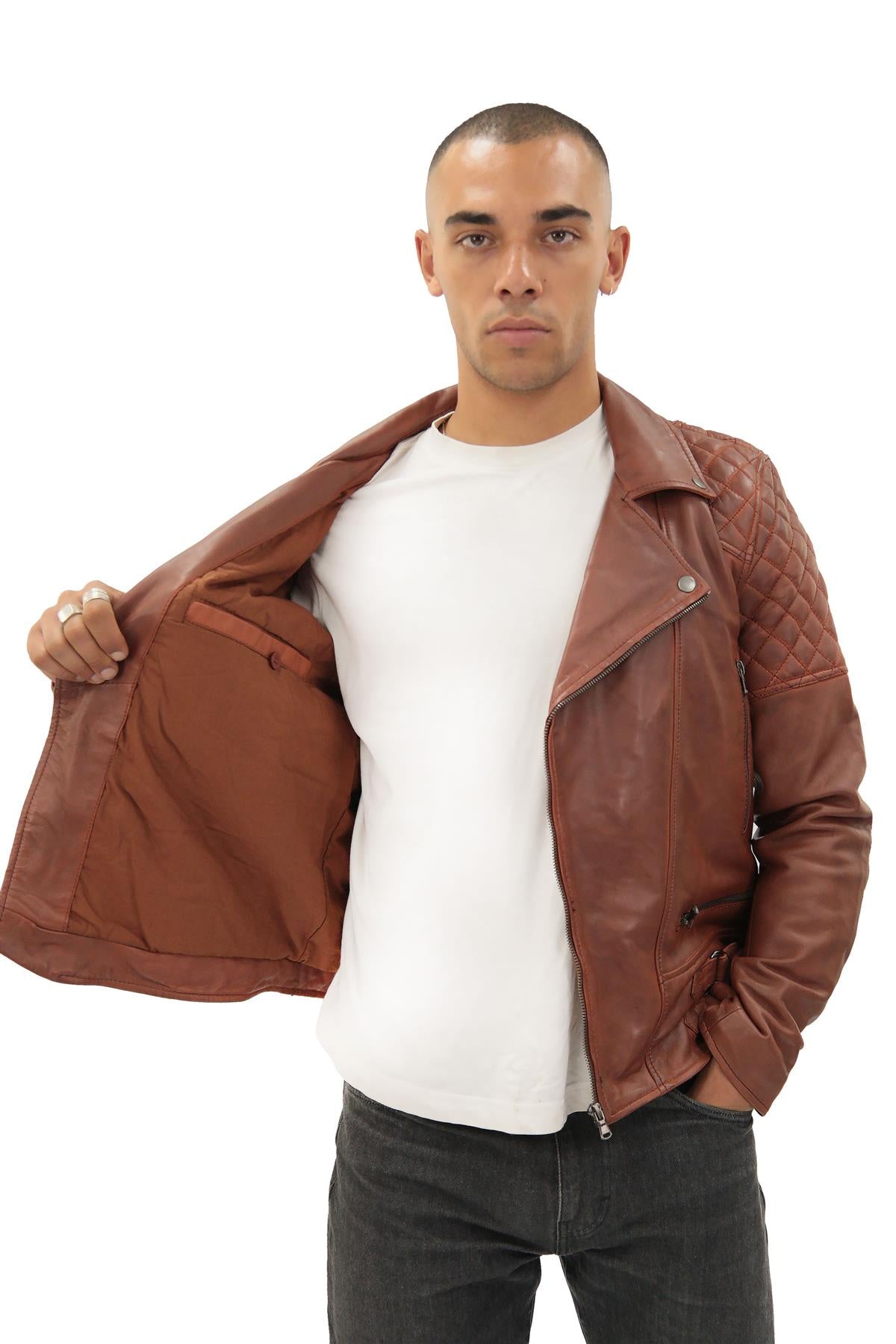 Mens Quilted Leather Biker Jacket-Bordeaux