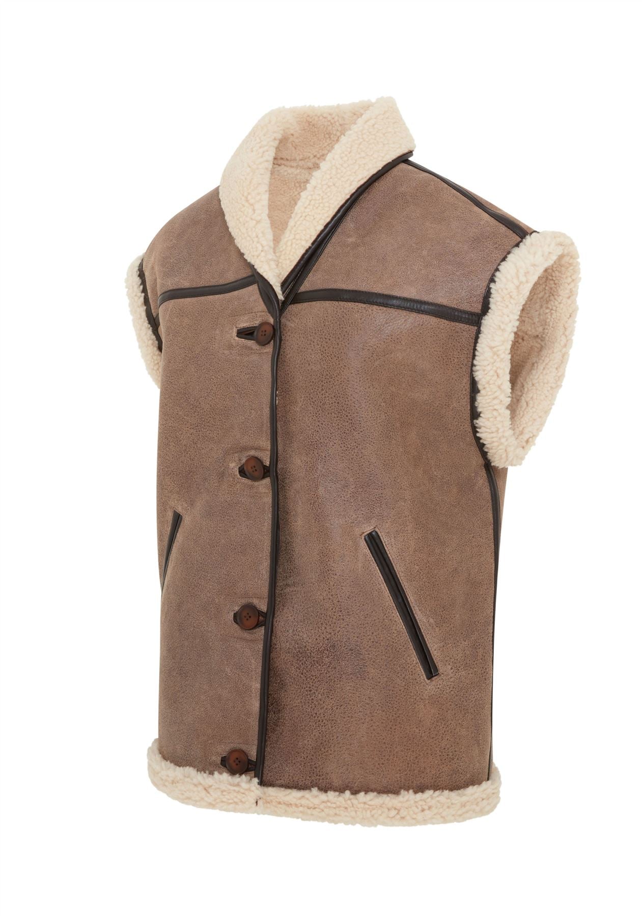 Womens Brown Aviator Shearling Leather Gilet - Chevak