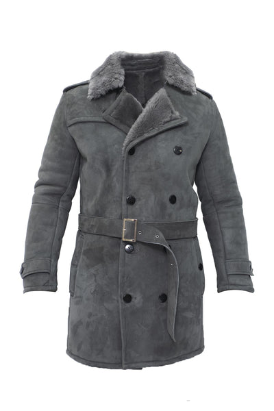 Mens Shearling Sheepskin Suede Pea Coat-Kempston