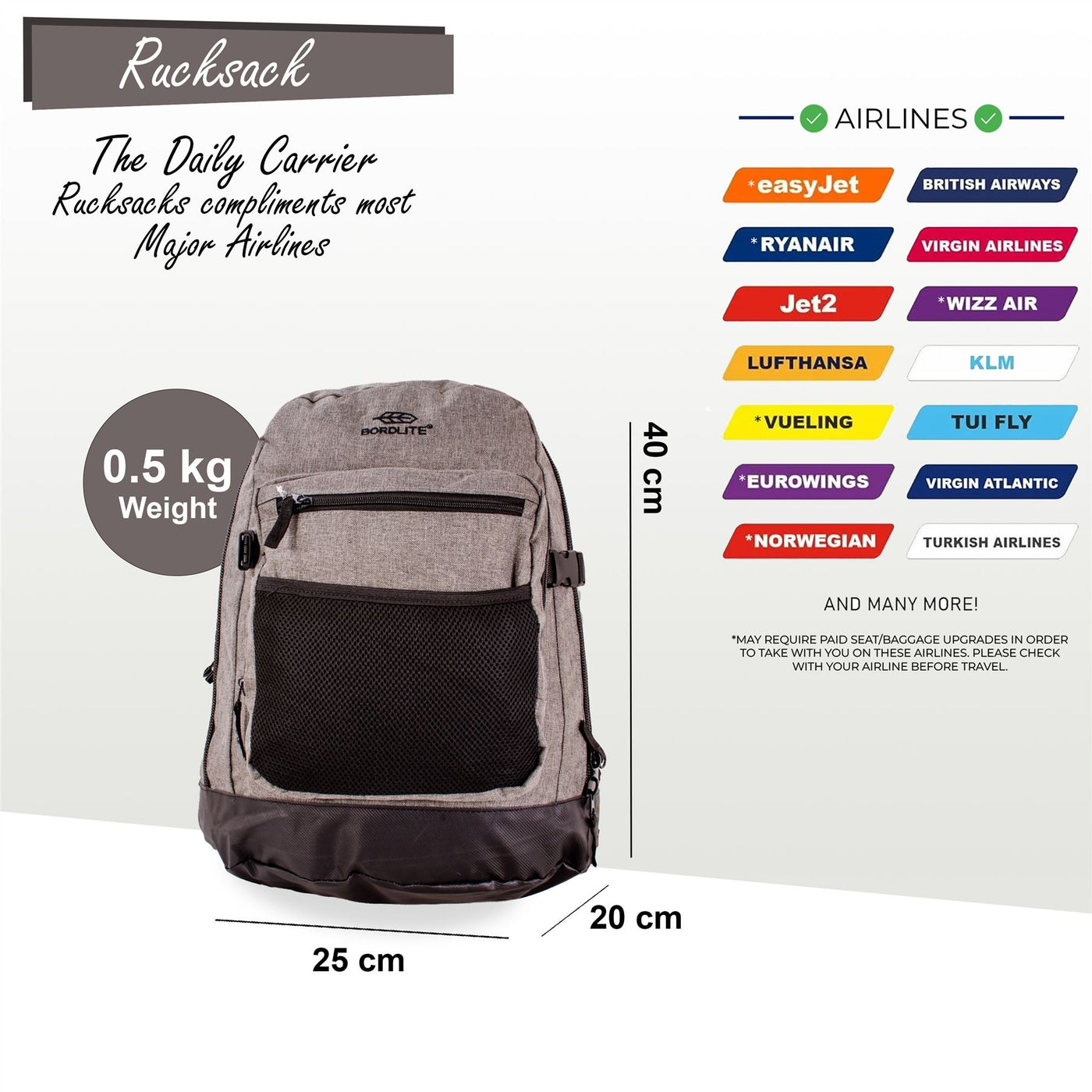 Backpack Rucksack 40x 20 x25cm Underseat Travel Cabin Bag for Ryanair, Easy Jet