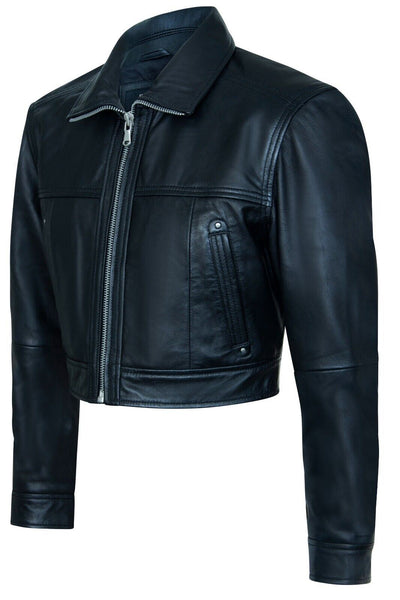 Womens Black Cropped Biker Leather Jacket - Dubai