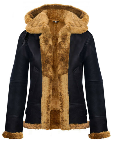 Womens Hooded Sheepskin Flying Leather Jacket-Palermo