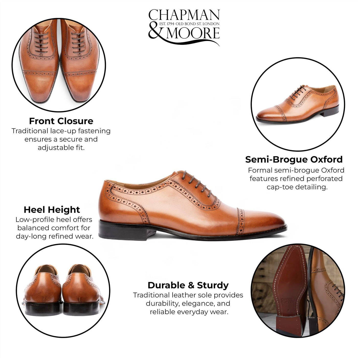 Chapman & Moore Men's Tan Brown Leather Semi-Brogue Cap-Toe Oxford Shoes