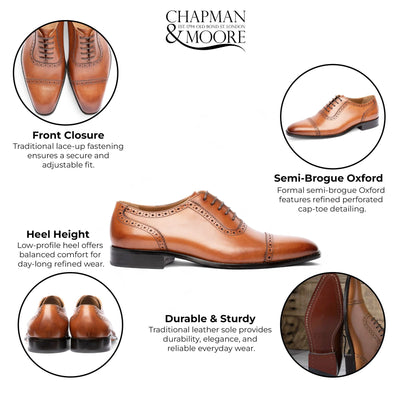 Chapman & Moore Men's Tan Brown Leather Semi-Brogue Cap-Toe Oxford Shoes