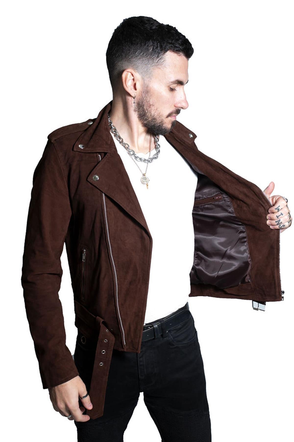 Mens Goat Suede Leather Brando Biker Jacket-Melbourne
