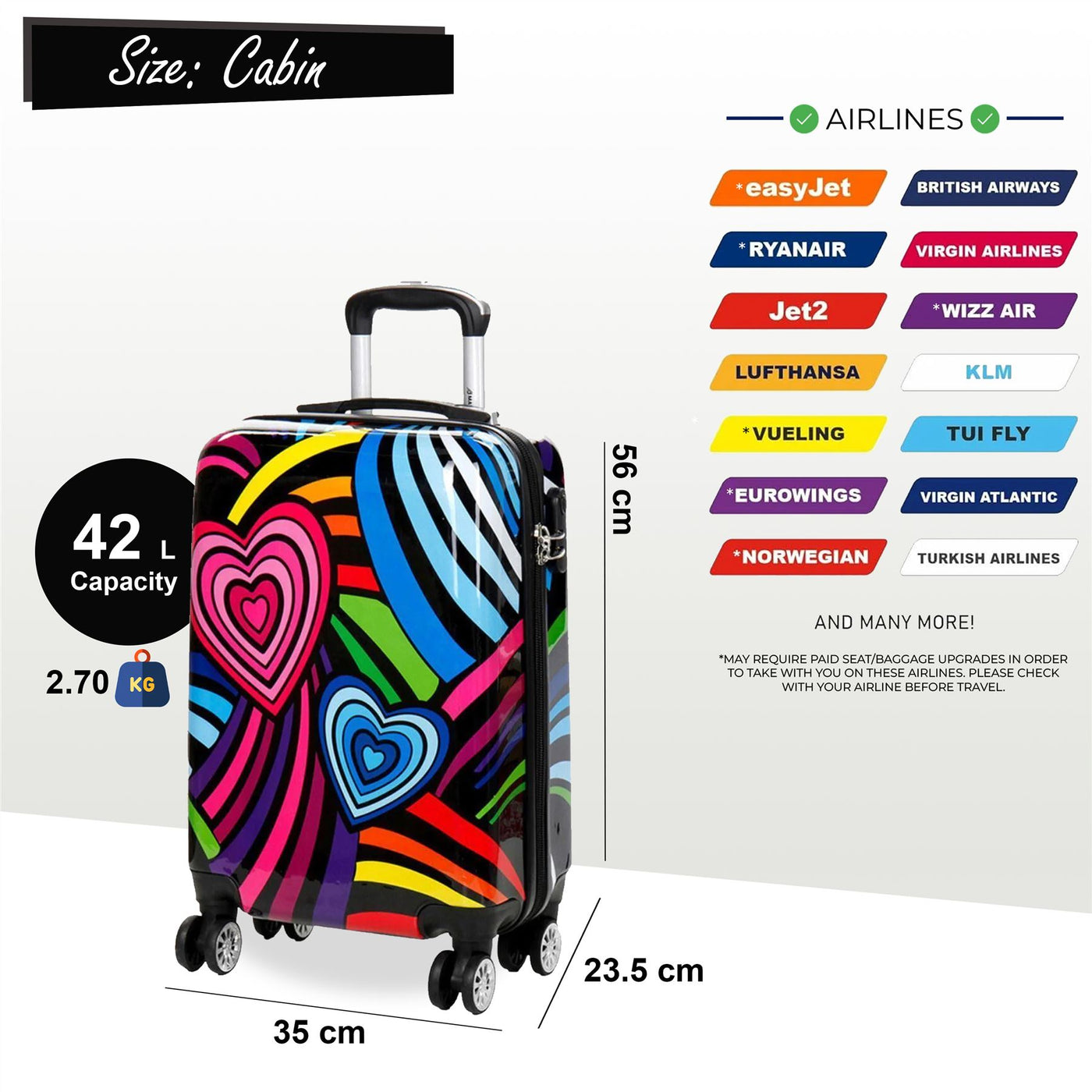 Hardside Shell Suitcase Set Hearts Print Luggage Lightweight Cabin Travel Bag