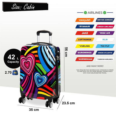 Hardside Shell Suitcase Set Hearts Print Luggage Lightweight Cabin Travel Bag