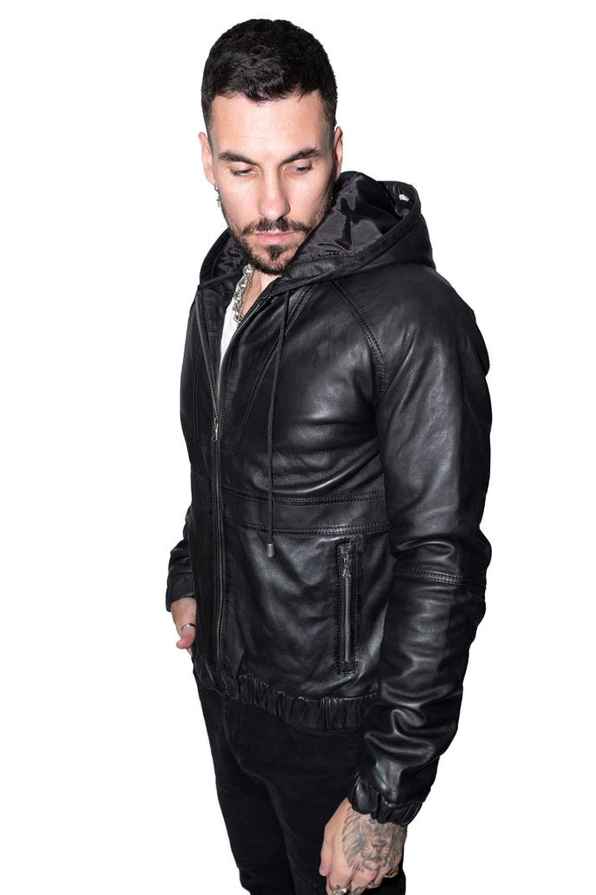 Men’s Casual Leather Hooded Bomber Jacket-Odesa