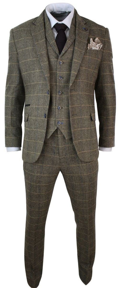 Mens 3 Piece Tan Brown Check Tweed Herringbone Vintage Classic Suit