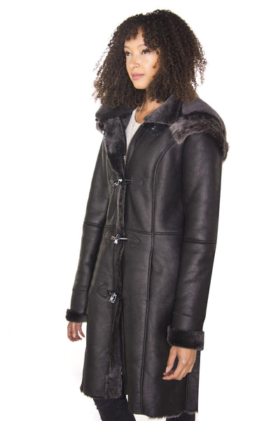 Womens Black Sheepskin Hooded Duffle Coat-Ottawa