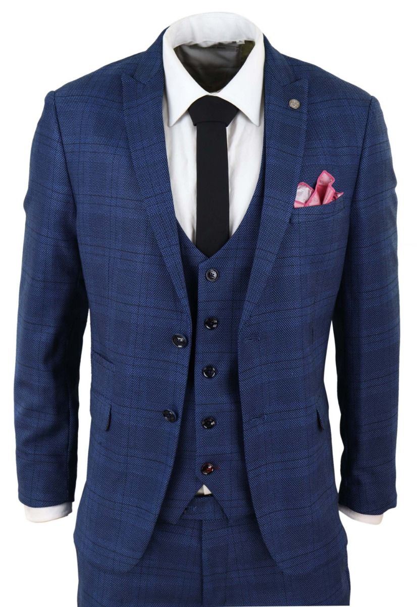 Mens 3 Piece Blue Birdseye Check Classic Suit