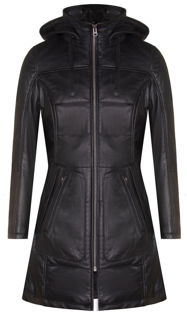 Womens Leather Hooded Quilted Parka Coat-Olney - Upperclass Fashions 