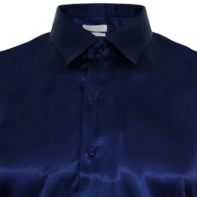 Mens Blue Satin Silk Shirt Smart Casual Button Down Cuff Tailored Fit