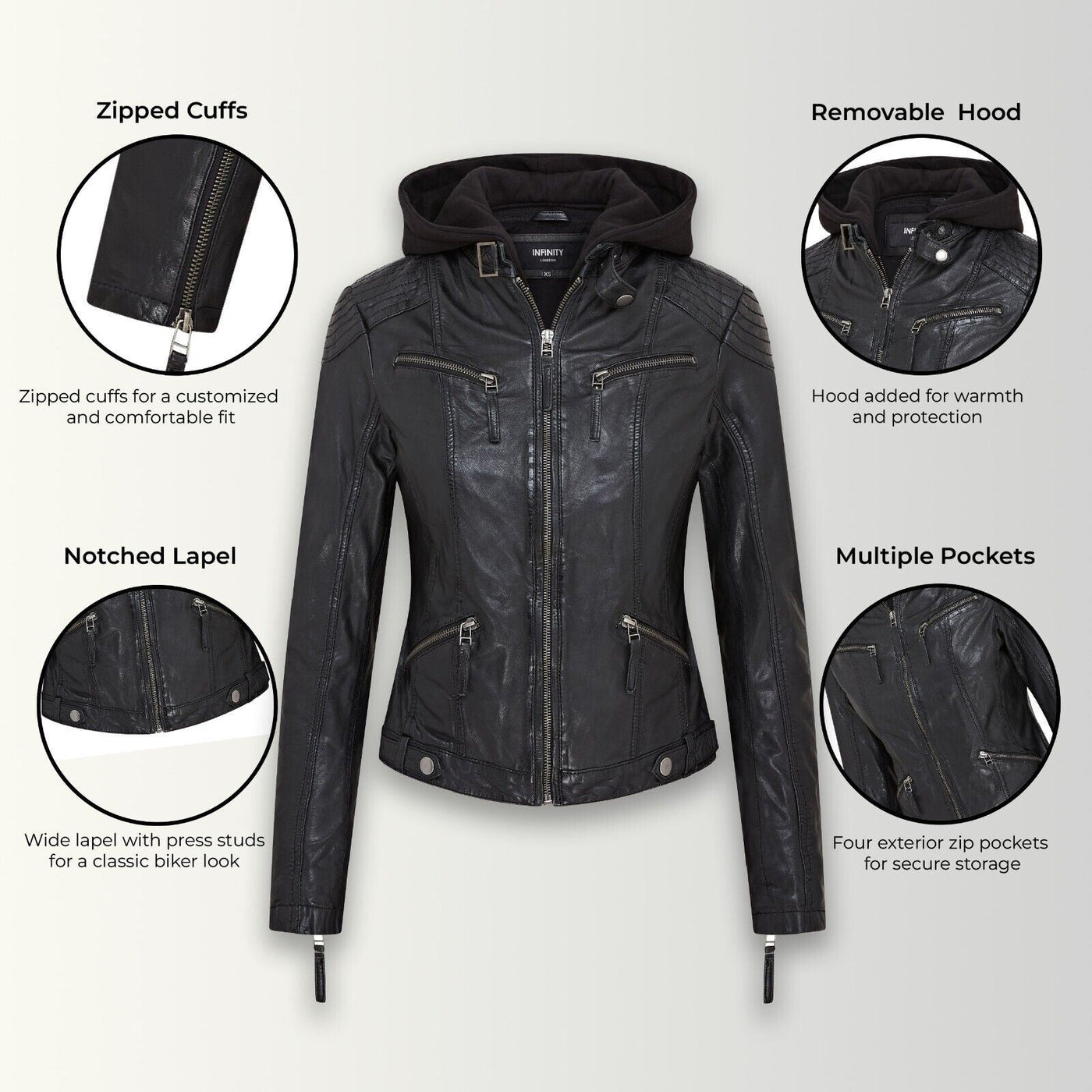 Womens Hooded Classic Biker Jacket - Brazzaville