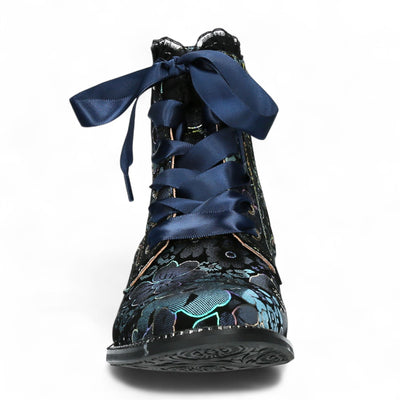 Laura Vita Emcmao-45 Blue Floral Womens Gothic Victorian Leather Ankle Heeled Boots