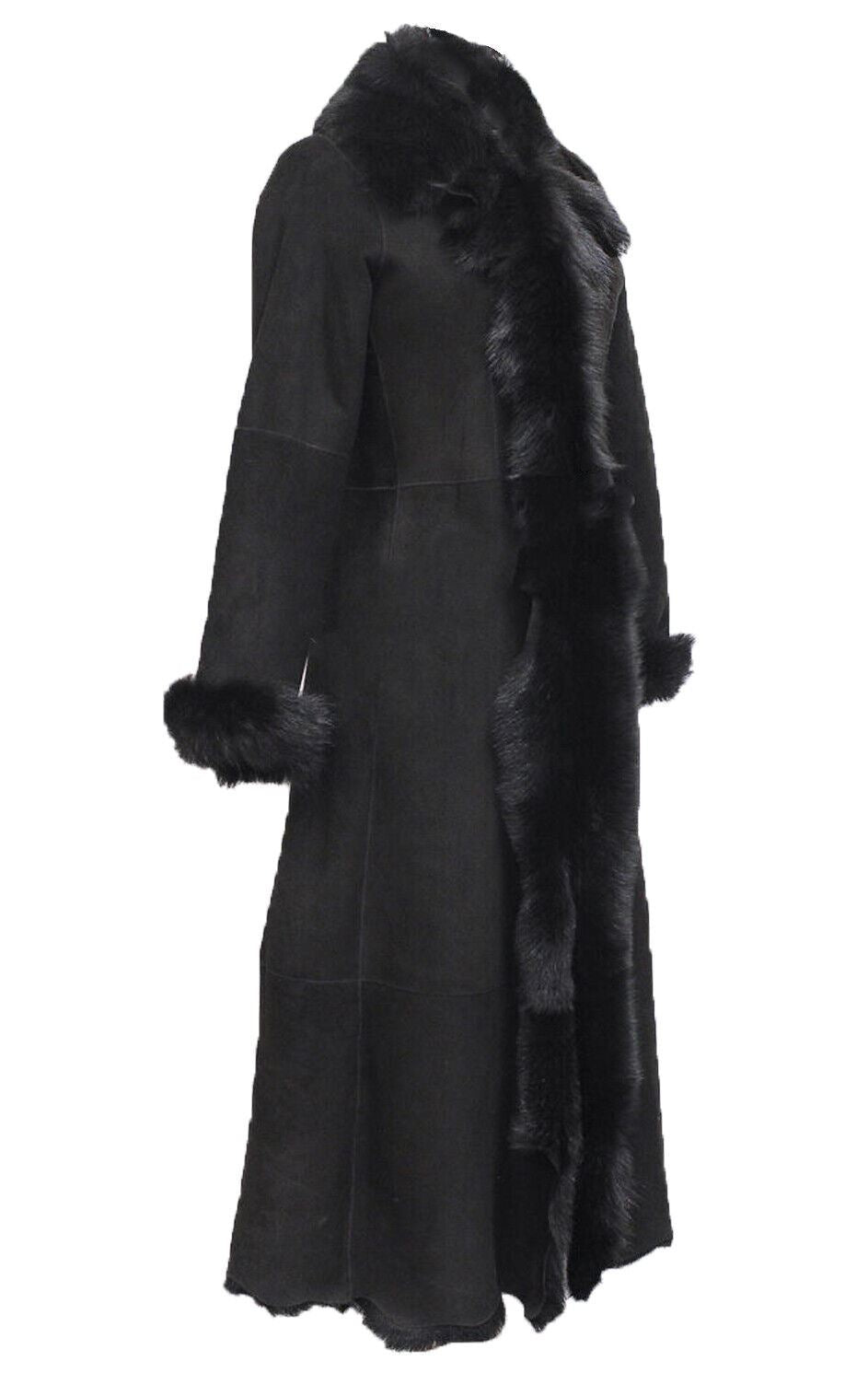 Womens Black Suede Toscana Sheepskin Hooded Trench Coat-Rushden