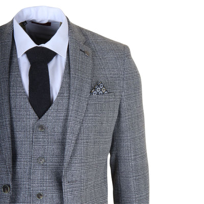 Men's 3-Piece Grey Classic Check Suit Slim Fit Plaid Formal Party Suit