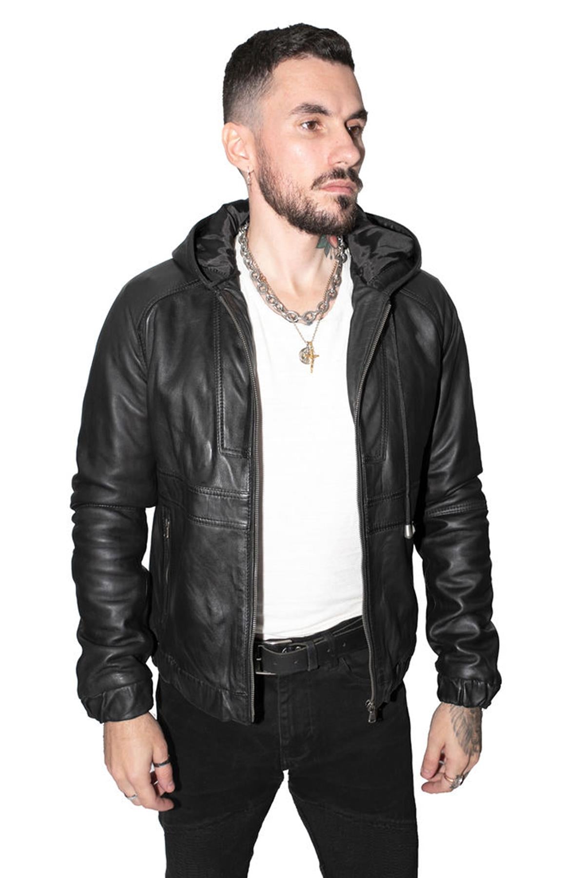 Men’s Casual Leather Hooded Bomber Jacket-Odesa