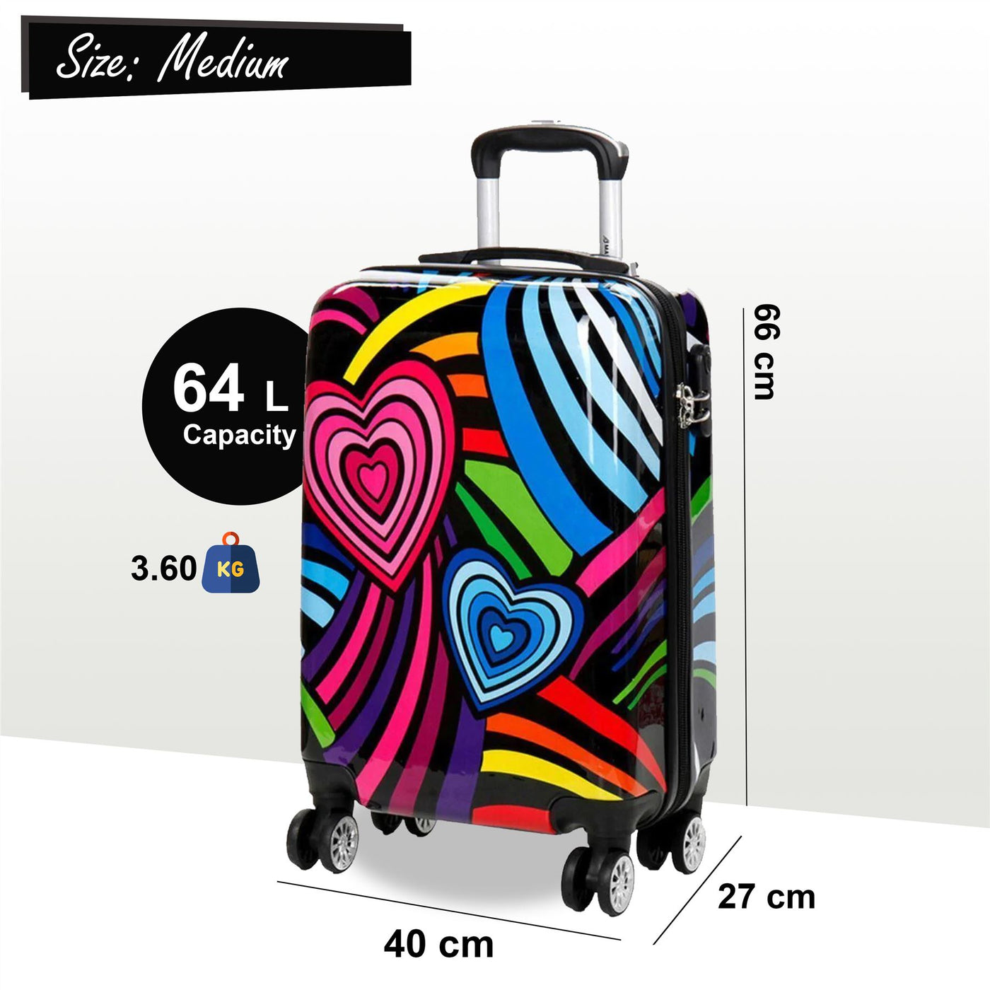 Hardside Shell Suitcase Set Hearts Print Luggage Lightweight Cabin Travel Bag