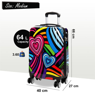 Hardside Shell Suitcase Set Hearts Print Luggage Lightweight Cabin Travel Bag