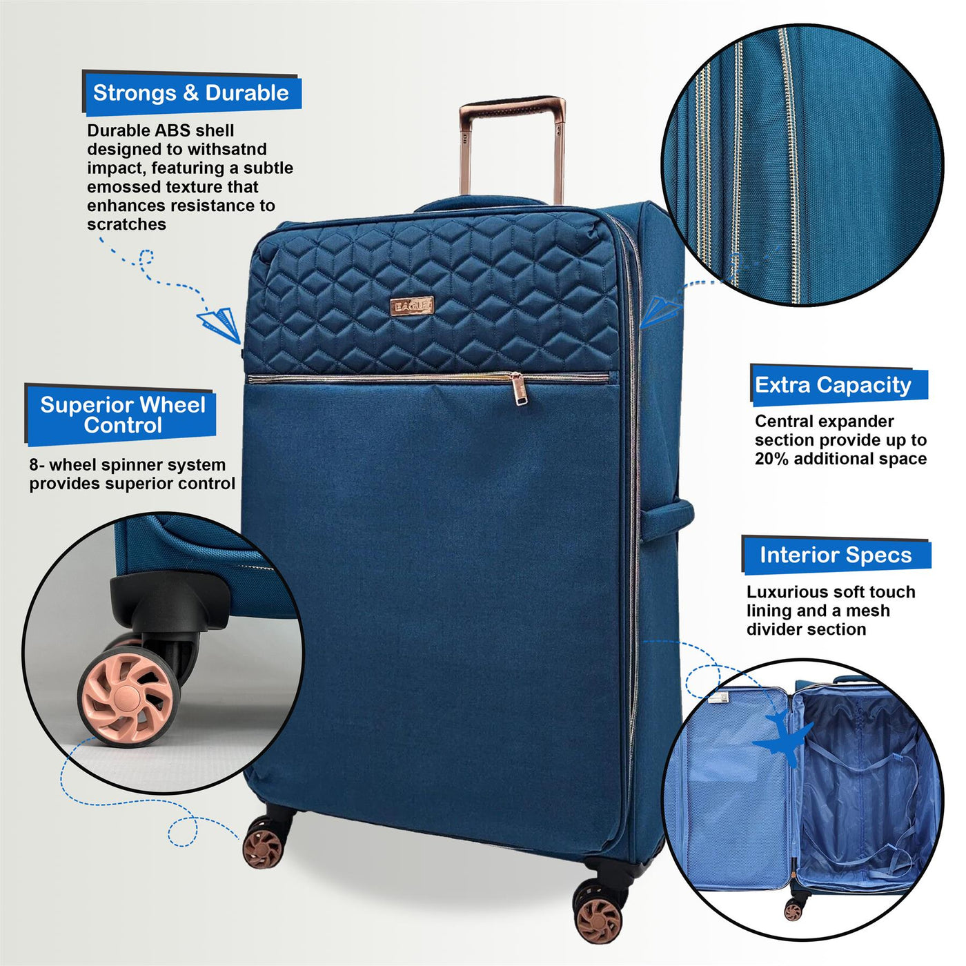 Cabin 4 Wheel Luggage Travel Soft Lightweight Bags