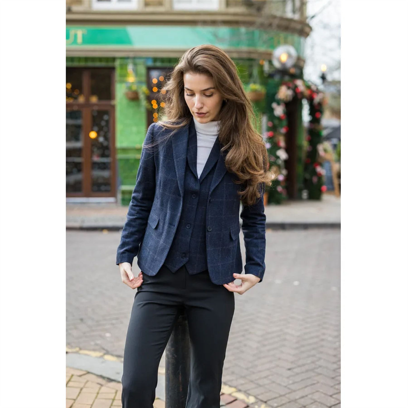 Women's Navy Blue Tailored Fit Tweed Formal Blazer