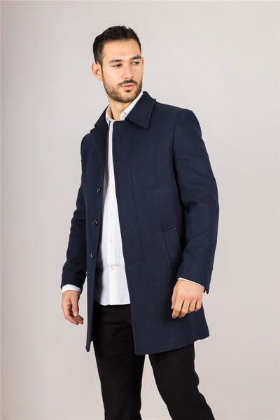 Men's Wool Blend Classic Collar Navy Overcoat
