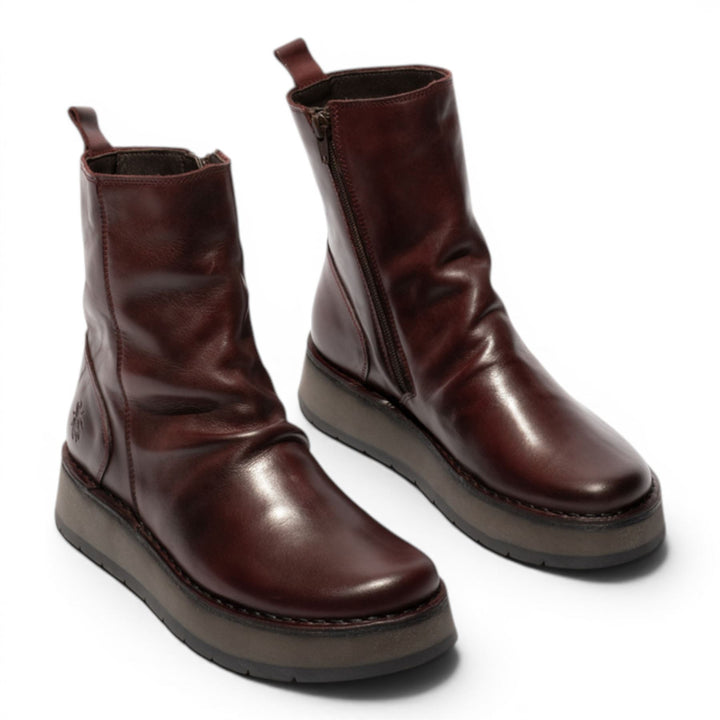 Fly London Womens Wine Leather Zip Up Platform Ankle Boots
