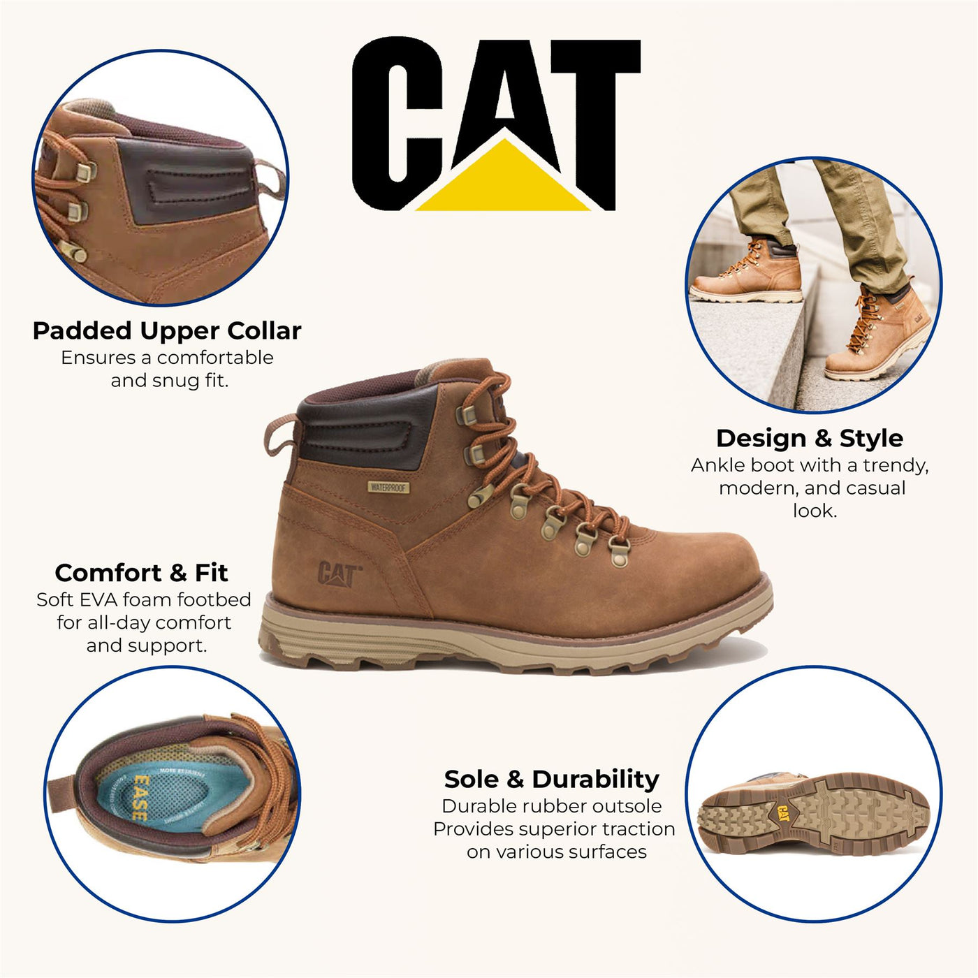 Caterpillar Mens Sire Waterproof Brown Sugar Leather CAT Work Boots