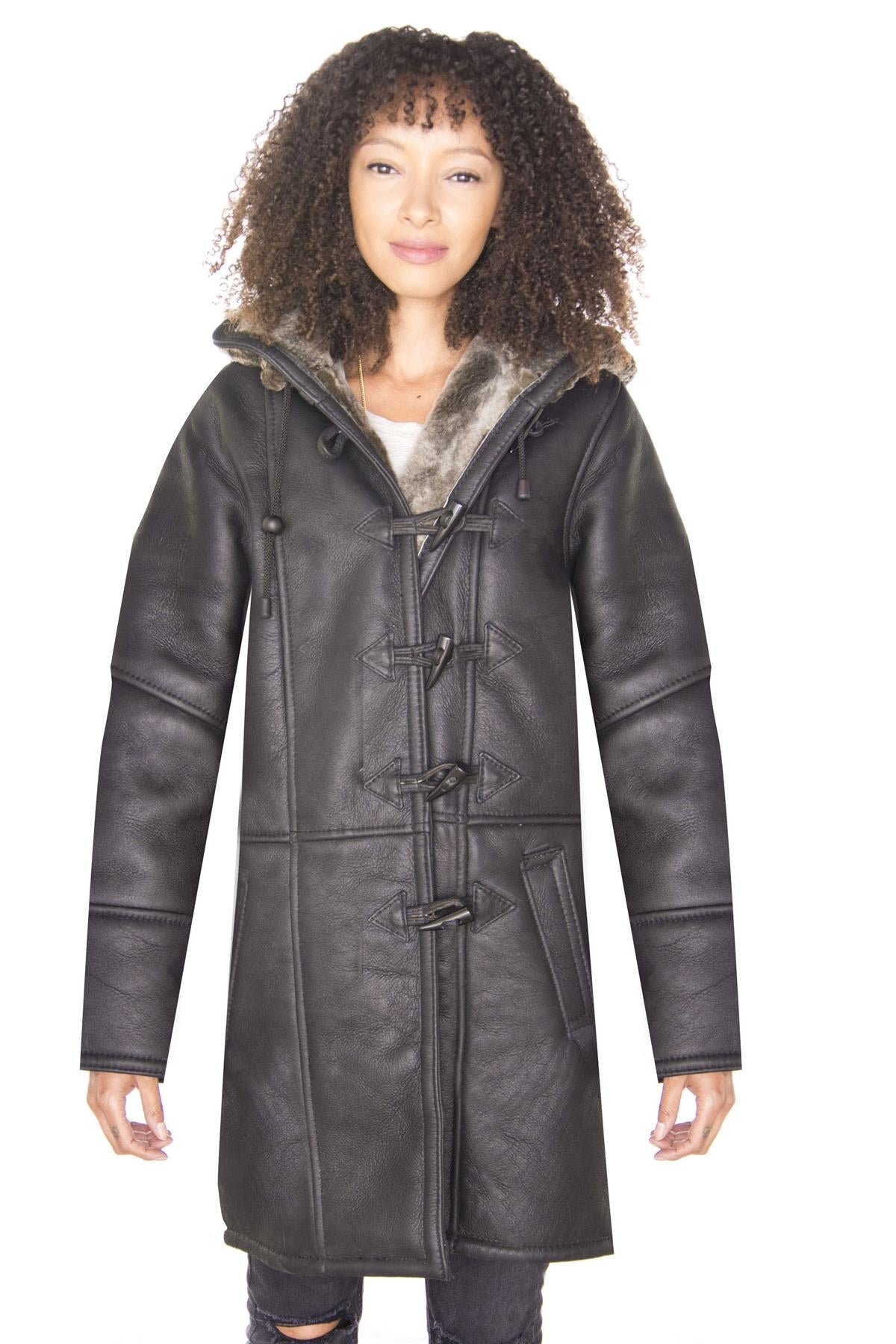 Womens Black Shearling Hooded Duffle Coat-Lille