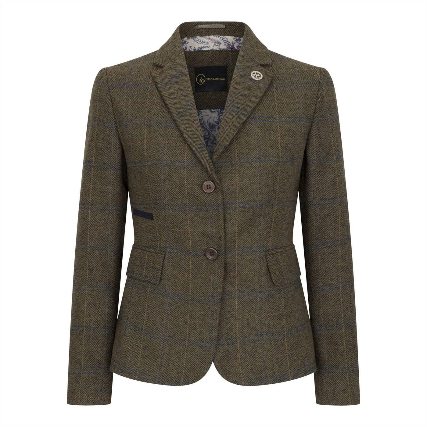 Women's Olive 2 Piece Set Tweed Blazer Waistcoat in Herringbone Check