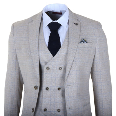 Men's Cream Plaid Check 3 Piece Slim Fit Formal Wedding Suit