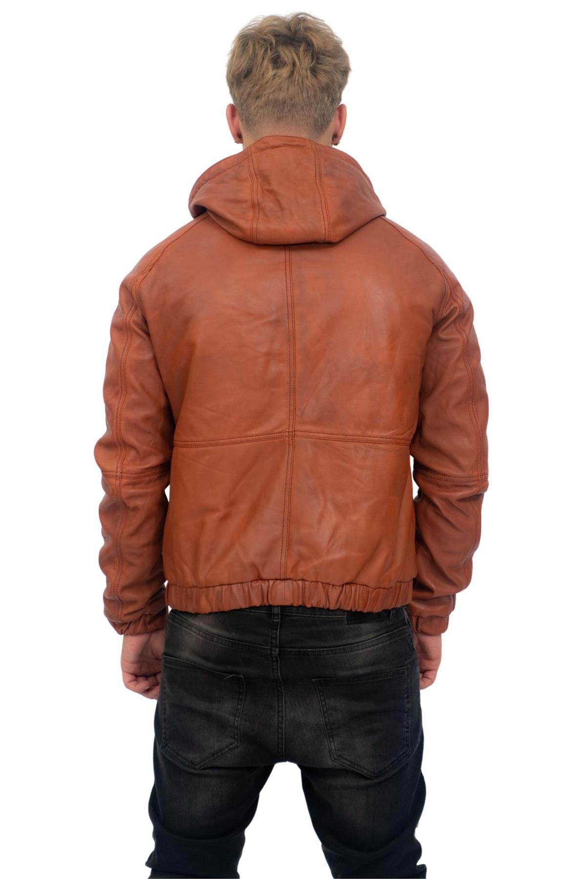 Men’s Casual Leather Hooded Bomber Jacket-Odesa