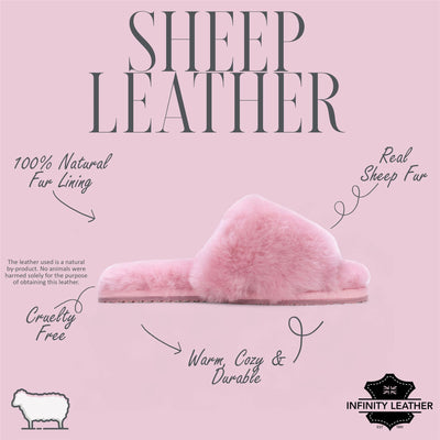 Women's Sheepskin Slippers Pink Warm Winter Fur Sliders - Nordic