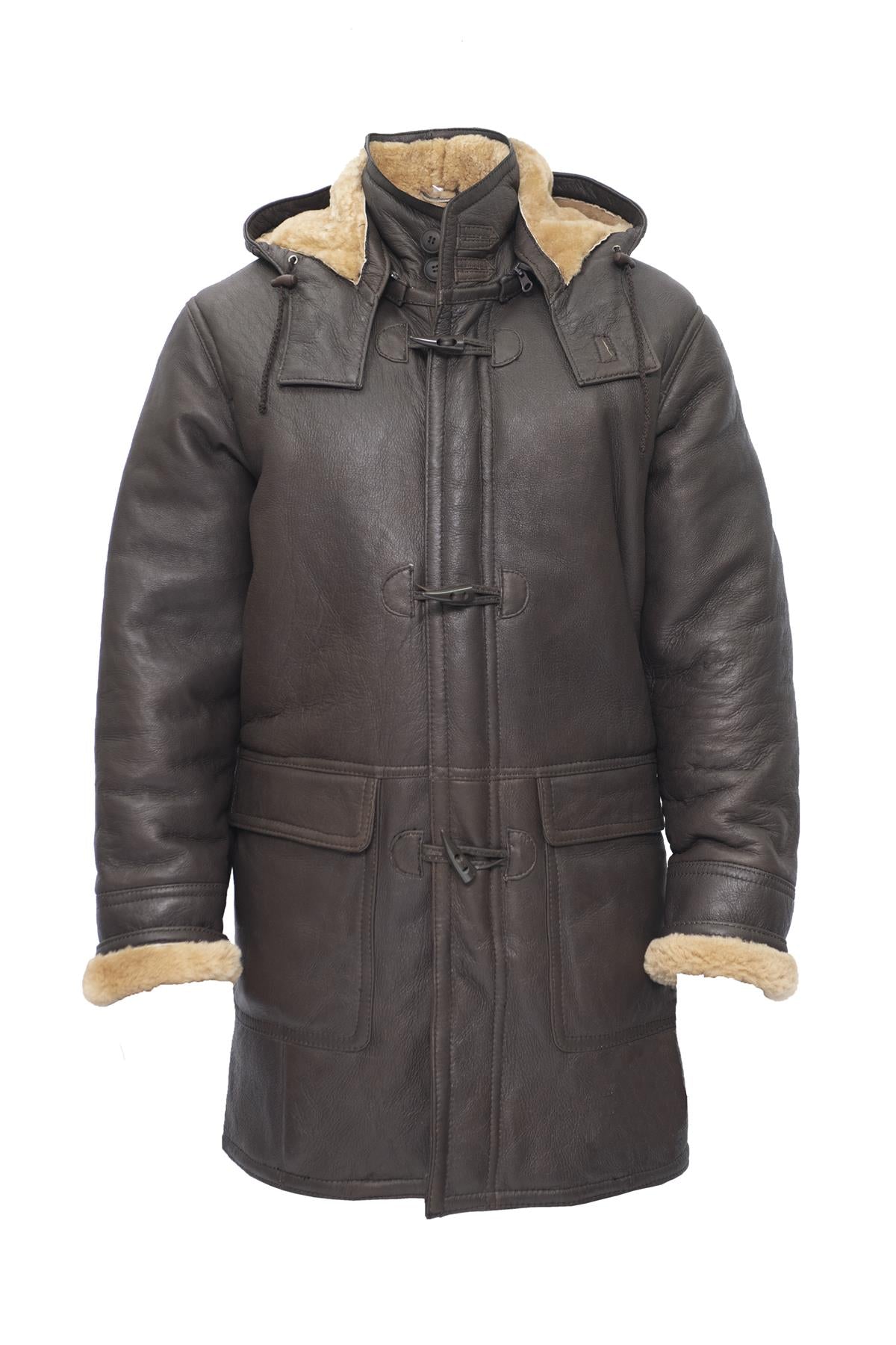 Mens Sheepskin Leather Hooded Duffle Coat-Hanko