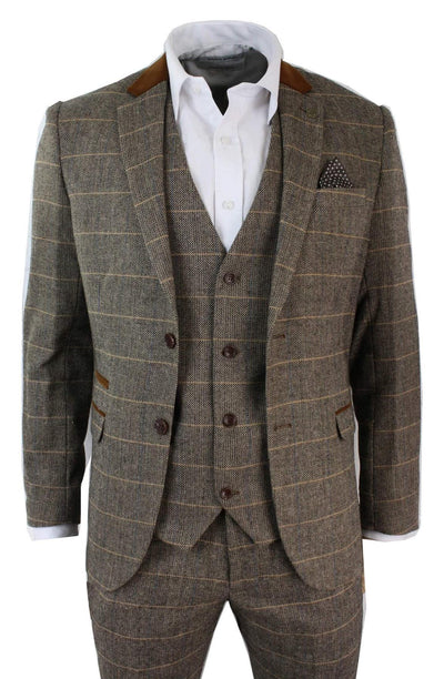 Mens 3 Piece Tan Tweed Check Suit