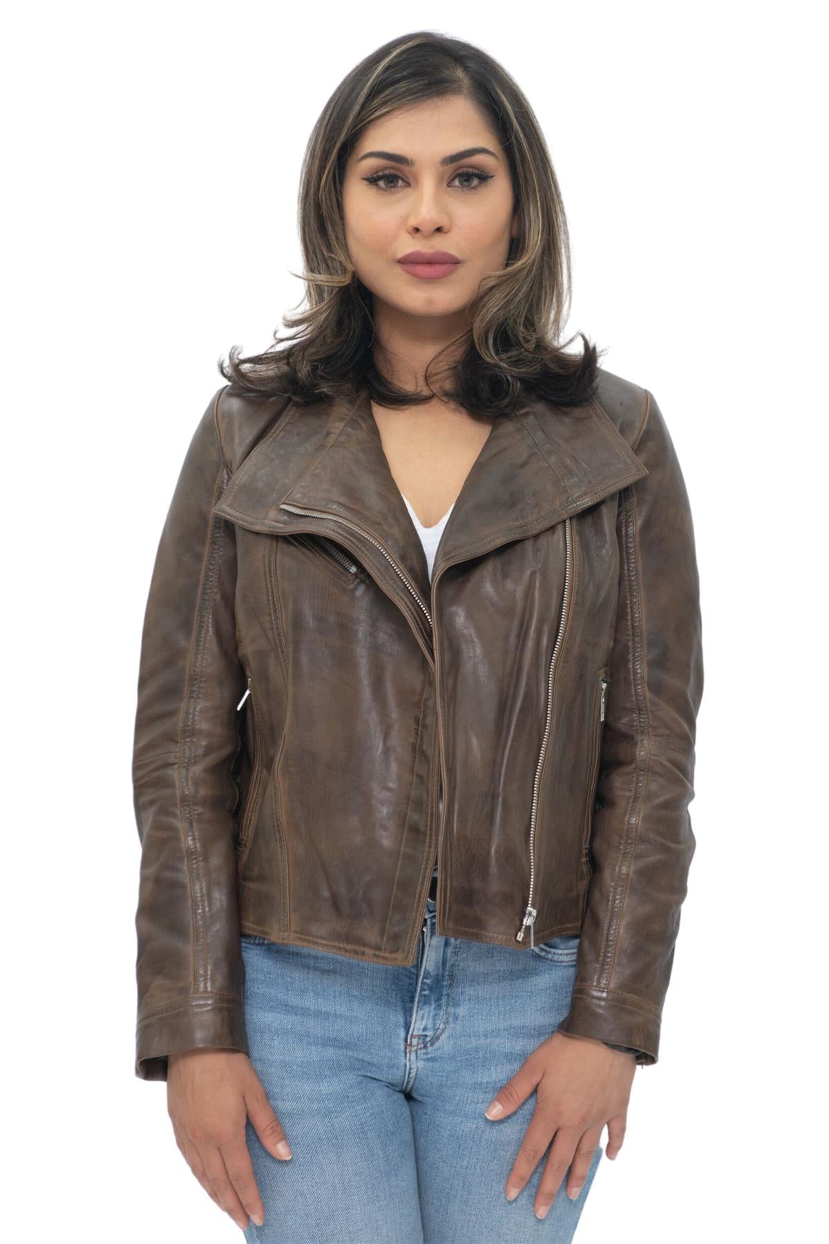 Womens Leather Shawl Wrap Biker Jacket - Riga