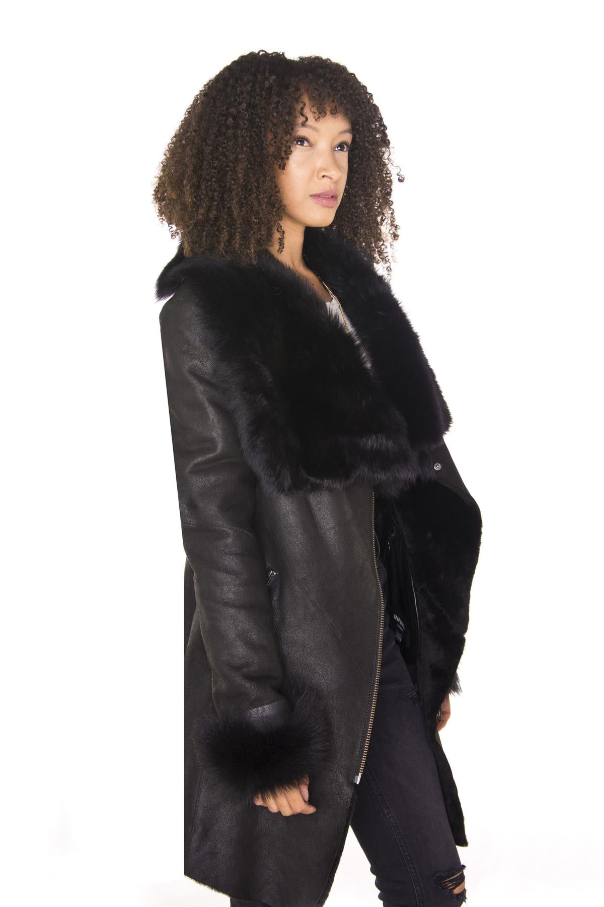 Womens Black Merino Shearling Coat with Toscana Collar-Romford