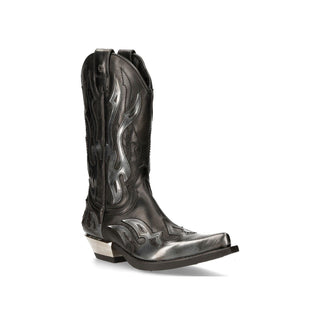 New Rock Flame Accented Black/Silver Leather Biker Cowboy Boots- M-7921-S3