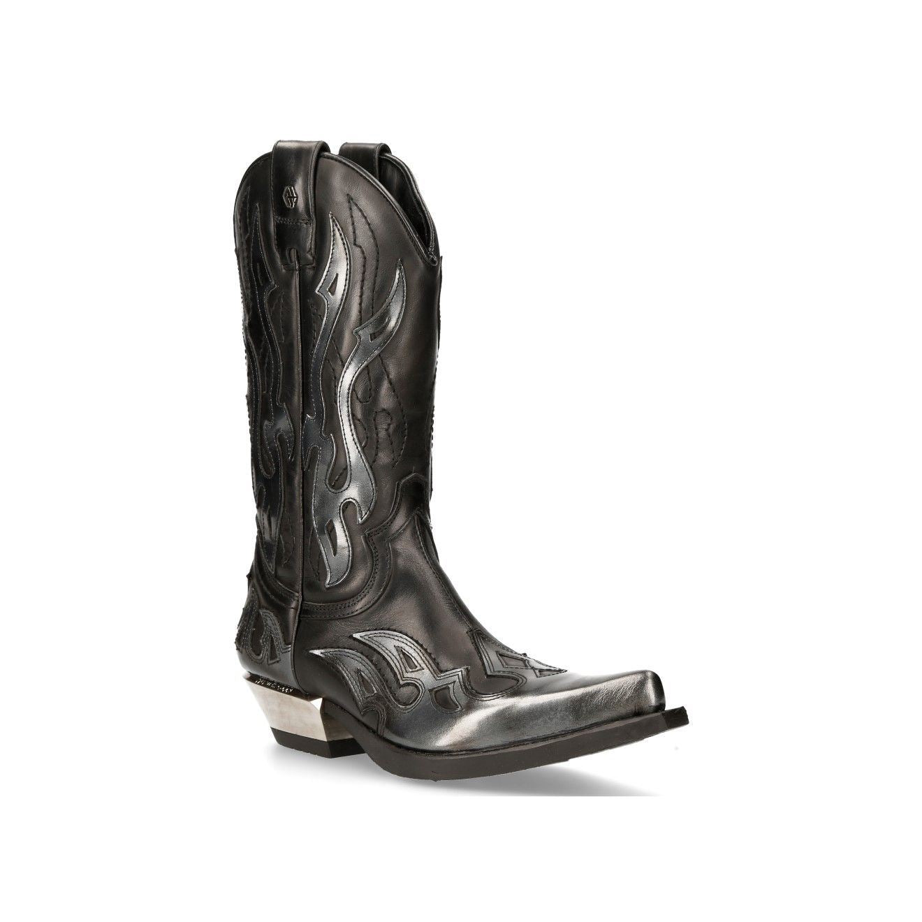 New Rock Flame Accented Black/Silver Leather Biker Cowboy Boots- M-7921-S3
