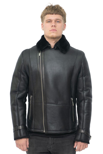 Mens Double Breasted Sheepskin Leather Biker Jacket-Heathfield