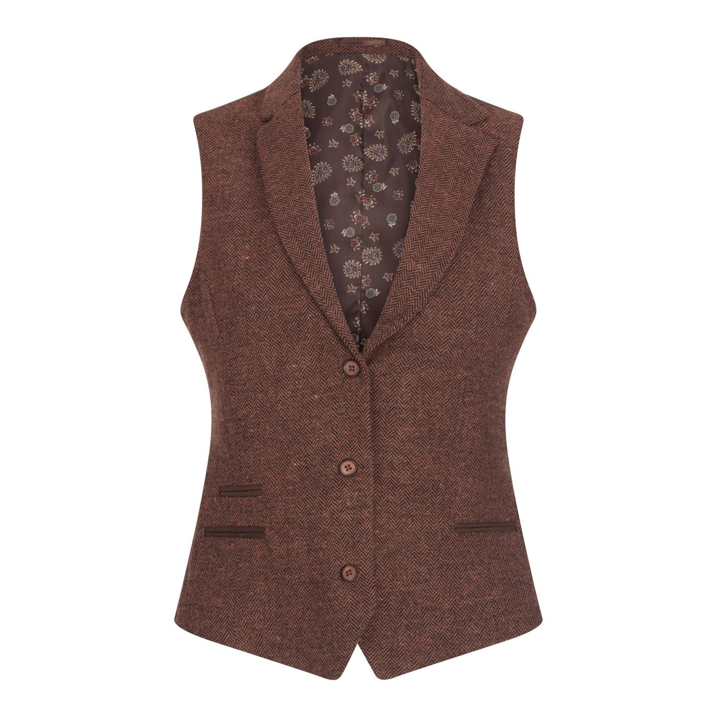 Women's Rust Brown Herringbone Wool Tweed Check Waistcoat