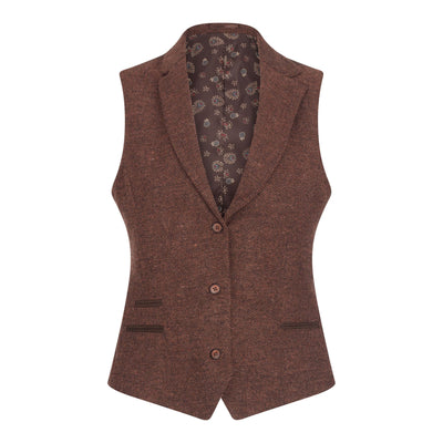 Women's Rust Brown Herringbone Wool Tweed Check Waistcoat