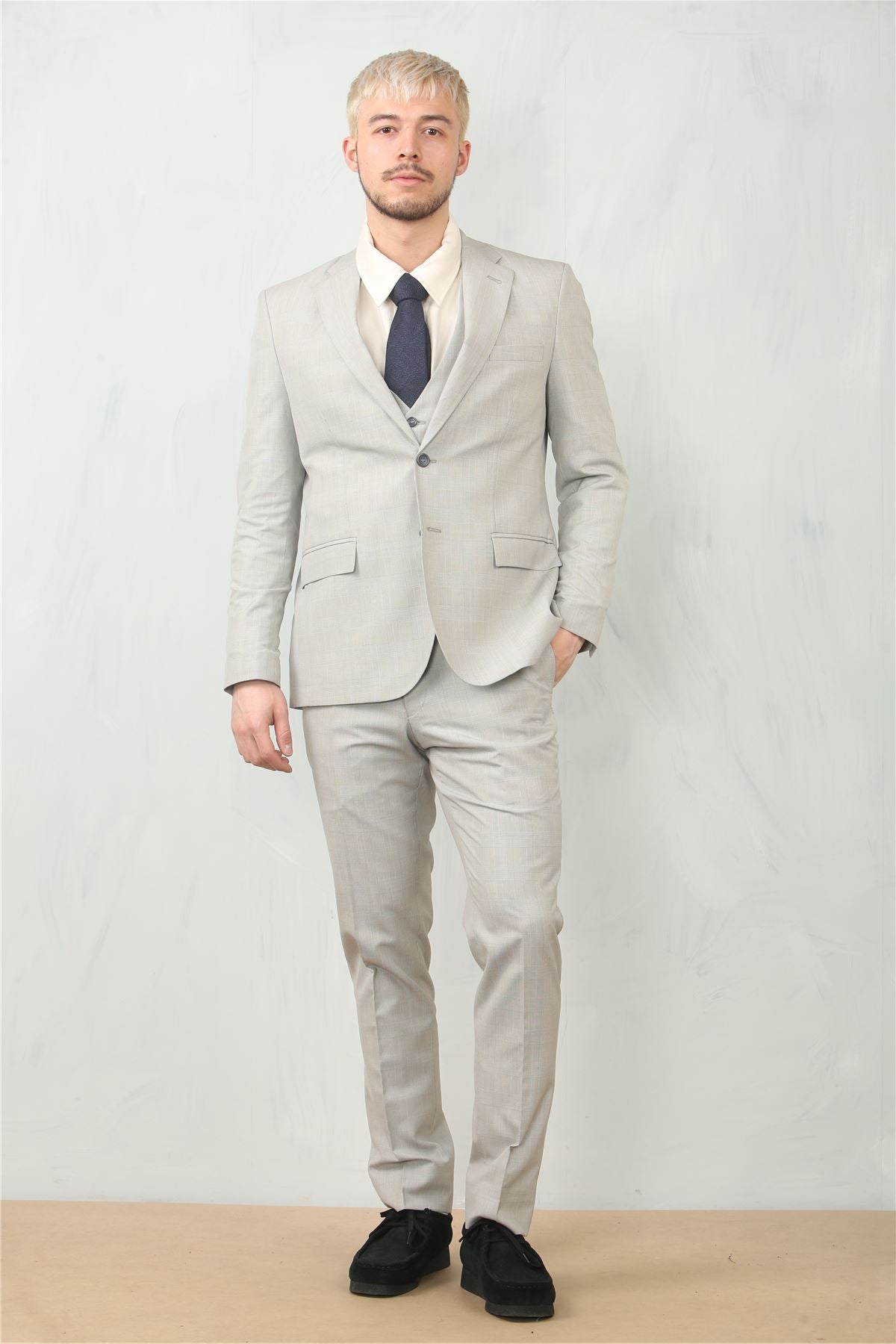 Men's 3 Piece Prince Of Wales Grey Suit Workwear