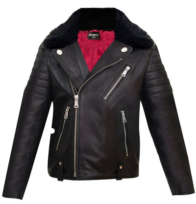 Kids Jackets Boys 100% Leather Detachable Collar Biker Jackets (3-13 Years)