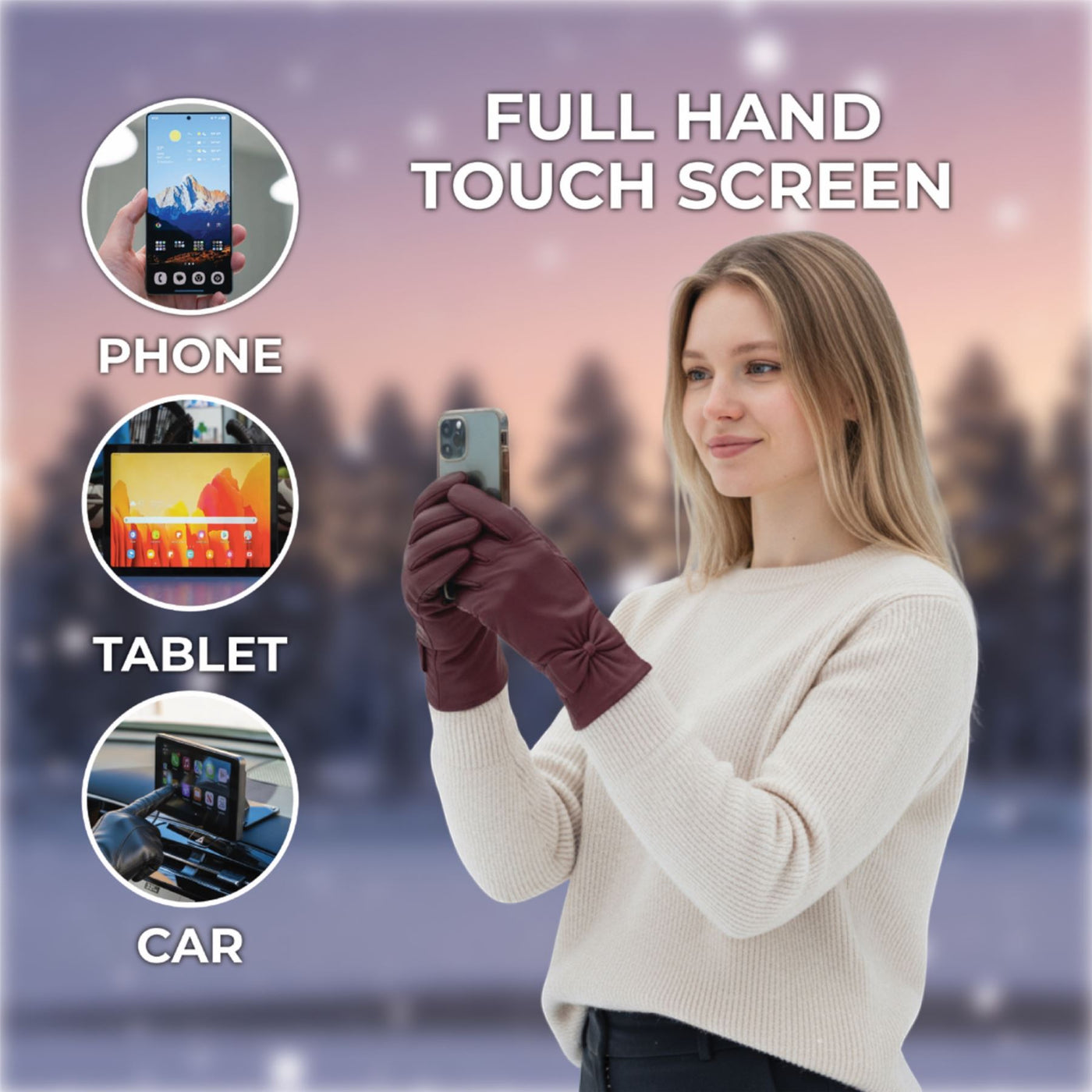 Womens Italian Leather Winter Bow Design Soft Wool Lining Gloves - L-GLV-401