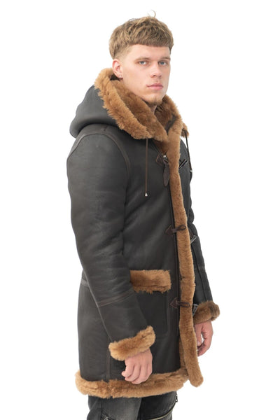 Mens Winter Sheepskin Hooded Duffle Coat-Isleworth